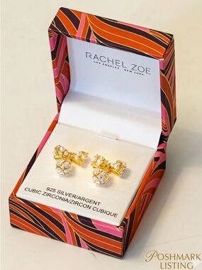 Rachel Zoe 925 Sterling Silver Gold Bow Pearl Drop Earrings